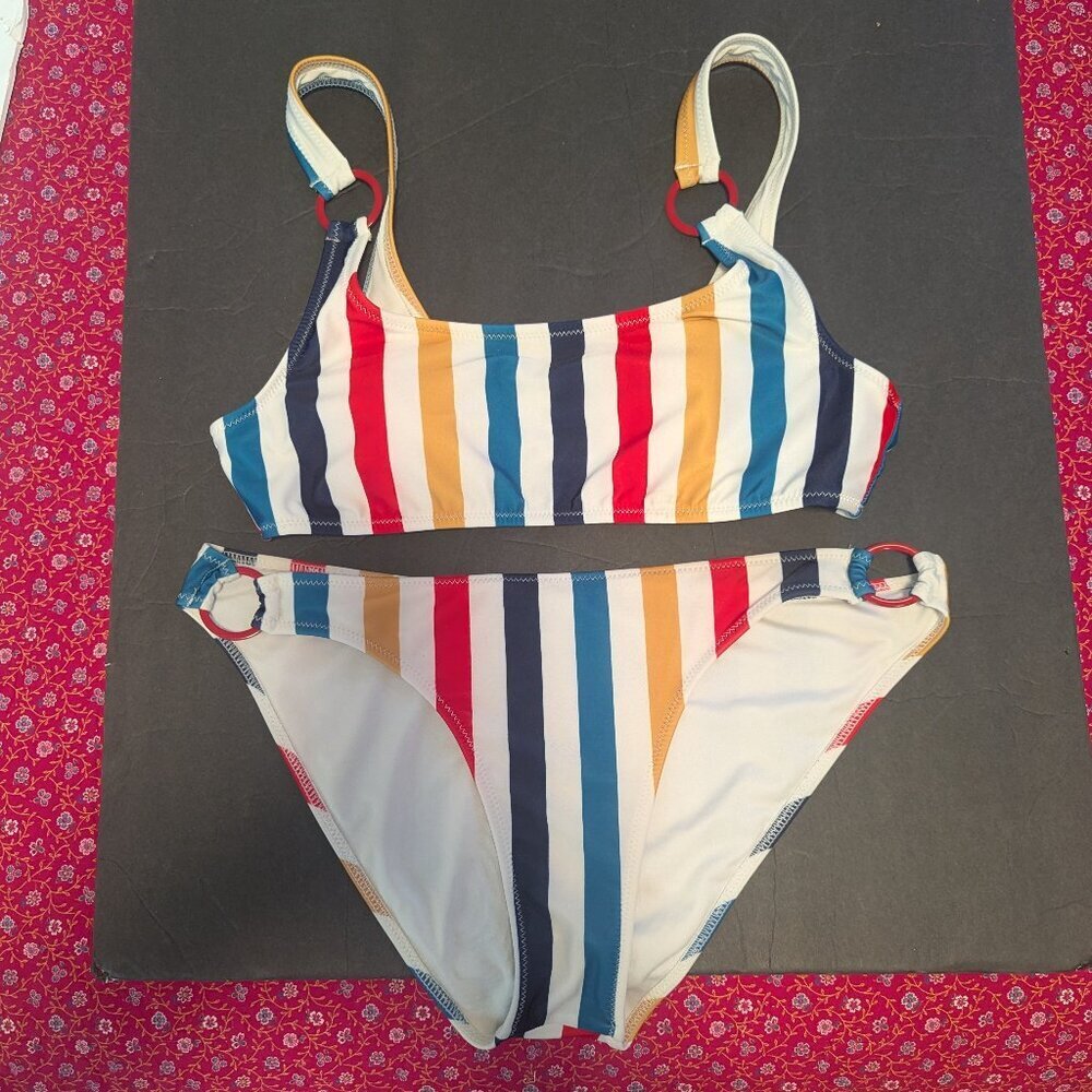 Volcom Multicolor Striped Bikini - Navy Red Teal Mustard White - Picture 3 of 8